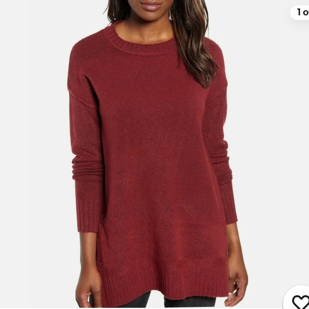 CASLON Red Oversize Cordovan Long Sleeve Side Snap Tunic Sweater Cozy size small